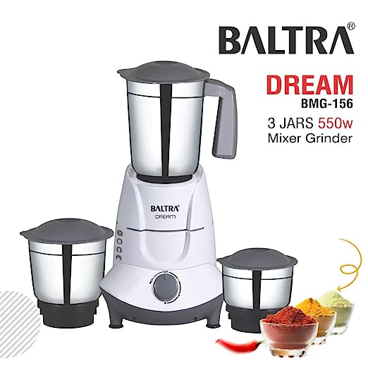 BALTRA Dream 3 Jar 550Watt Mixer Grinder, white (BMG-156) BALTRA Dream 3 Jar 550Watt Mixer Grinder, white (BMG-156)